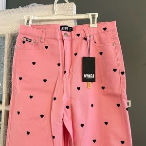 NWT Minga London Pink Heart High Waisted Jeans Size 34” US 10